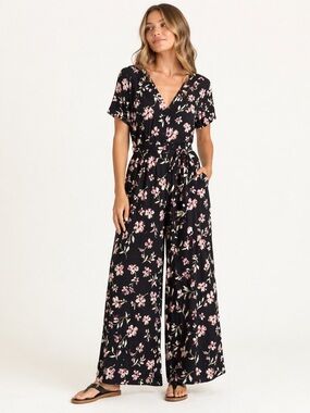 Billabong Floral Jumpsuit Puff Sleeve Wide Leg